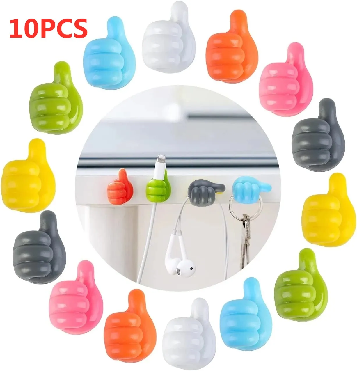 Colorful Silicone Thumb Wall or Desk Hooks for Cable & Wire Management 1/4/10pcs 1