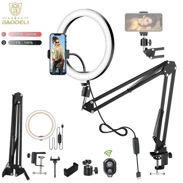 Dimmable LED Selfie Ring Light & Stand With Folding Arm Clamp for Selfie or Streaming 1